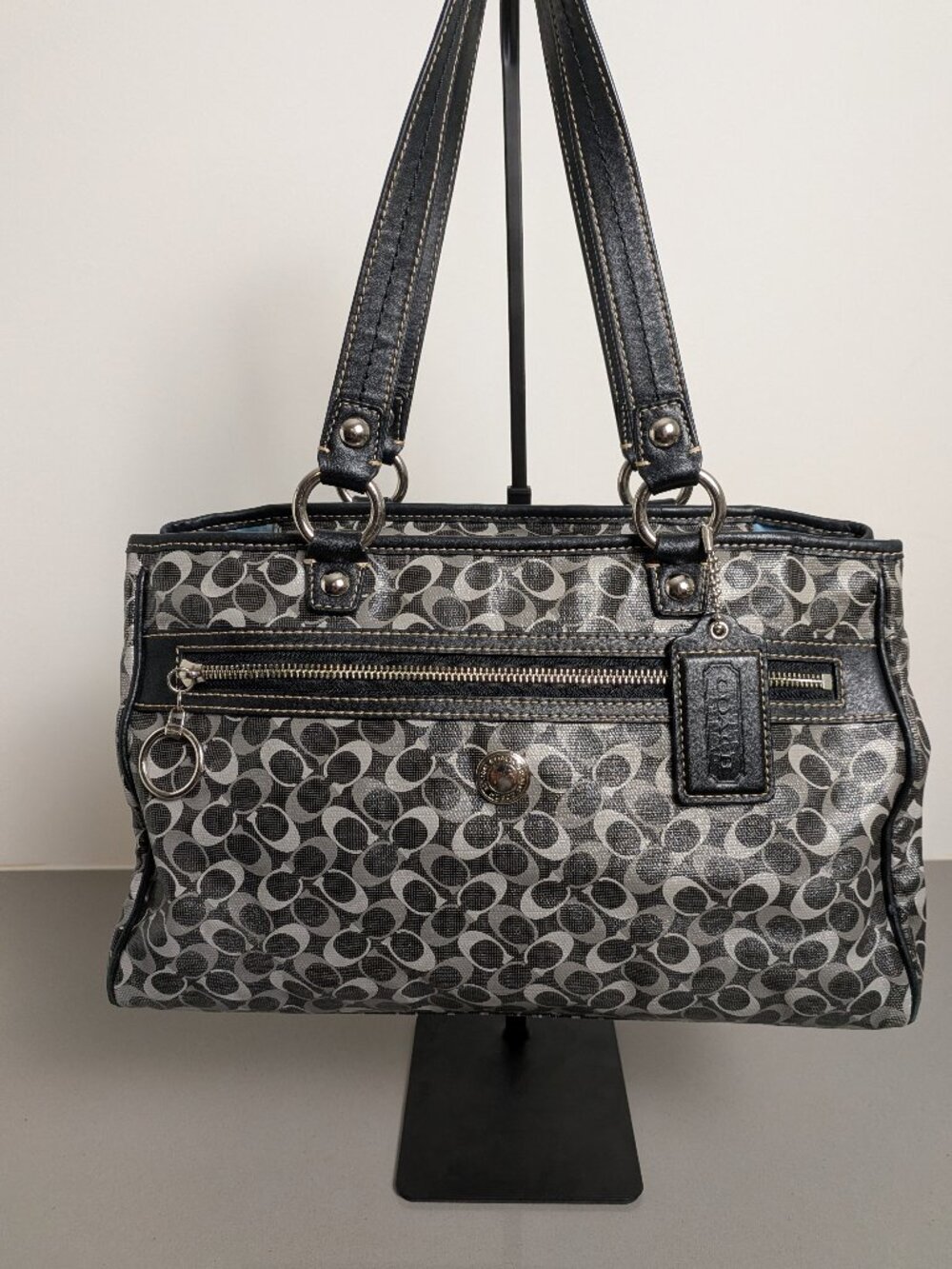 Coach Signature C Satchel Bag Black Grey Coated Canvas Leather Trim